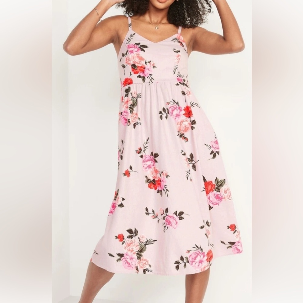 Old Navy Pink Floral Midi Dress with Rose Print